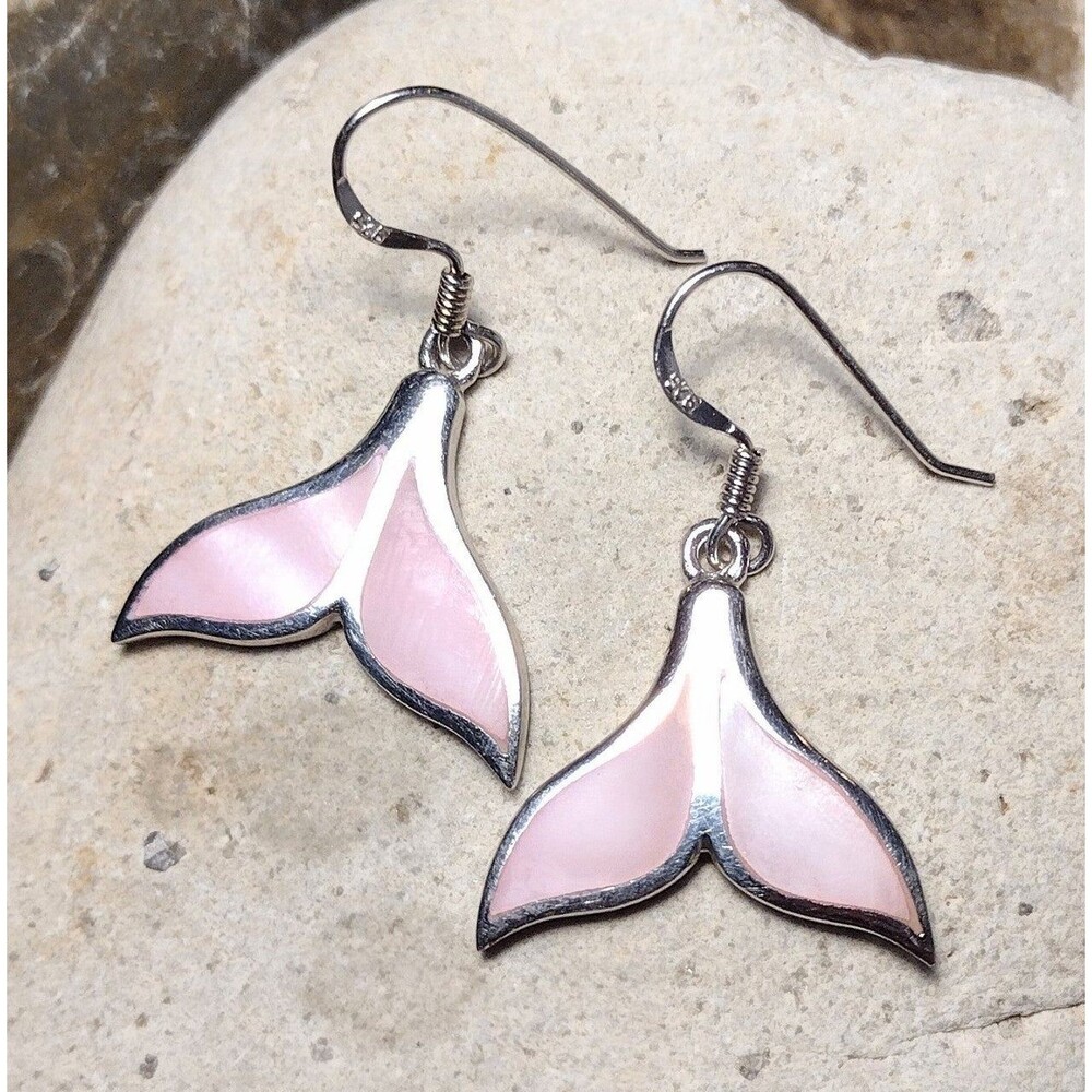 .925 Sterling Silver MOP Mother of Pearl Pink Fin Tail Earrings Mermaid